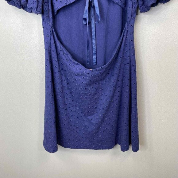 Free People Apricot Rose Mini Dress Womens Large Navy Blue Eyelet Puff Sleve - Picture 7 of 13